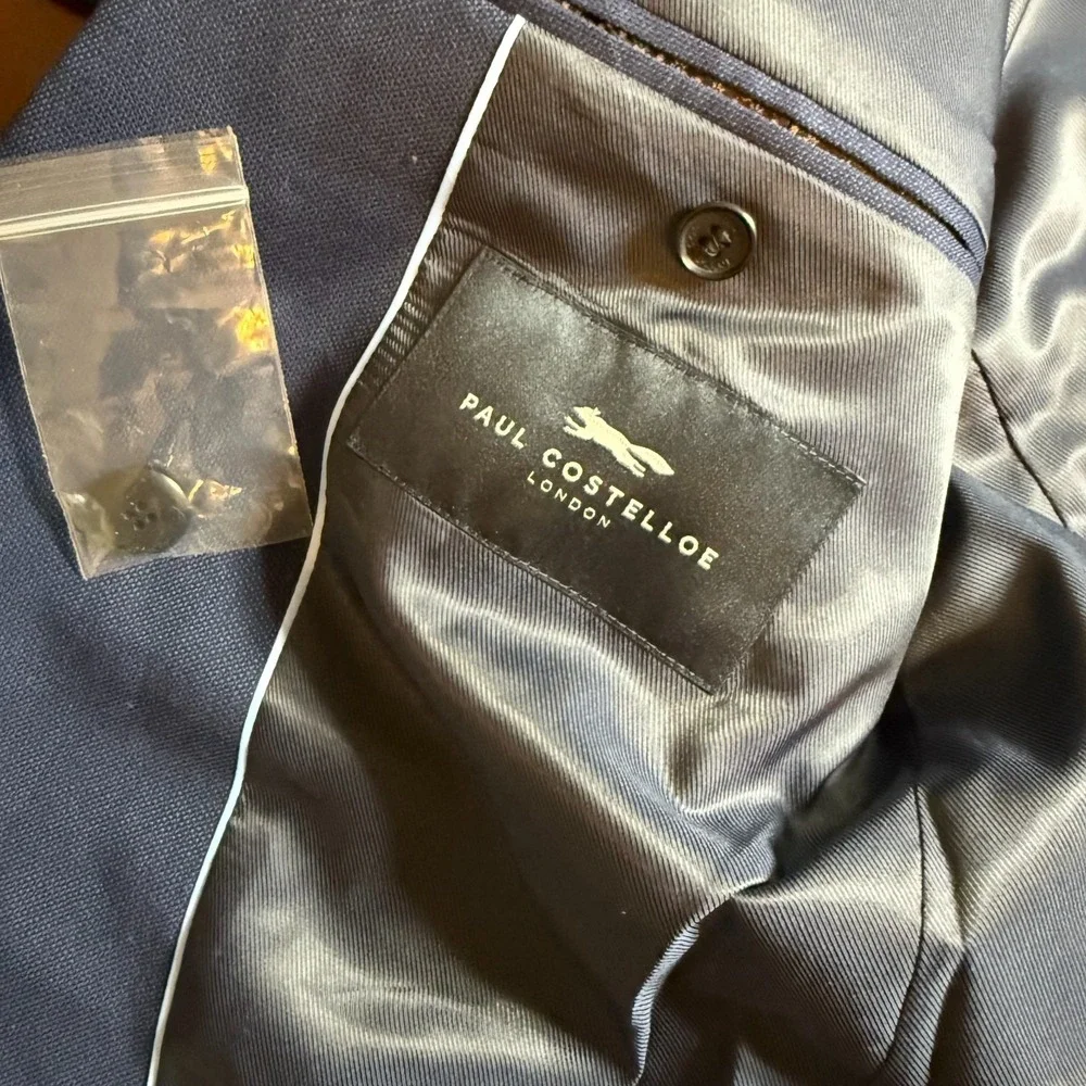 PAUL COSTELLOE Blue‎ Wool 2 Piece Suit 38 Jacket Trousers W 34
